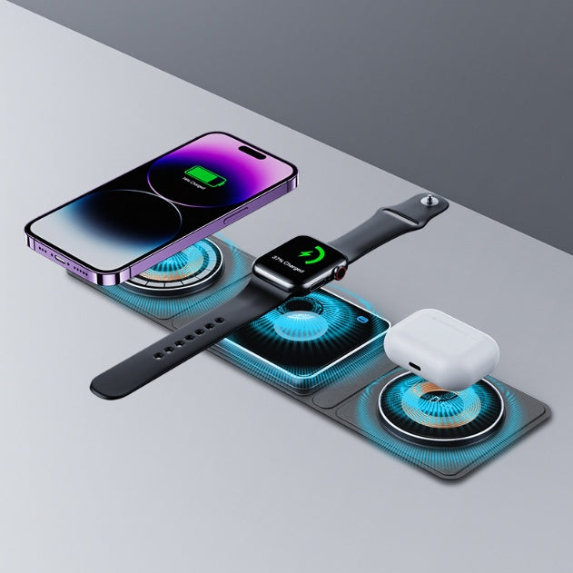 3-in-1 Magnetic Wireless Charger for iPhone Apple Watch & AirPods charging multiple devices on a sleek surface.