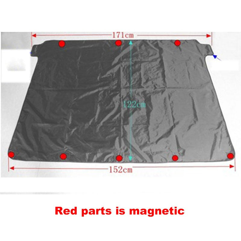 Magnetic Windshield Cover dimensions showing magnetic red parts for secure installation and protection.