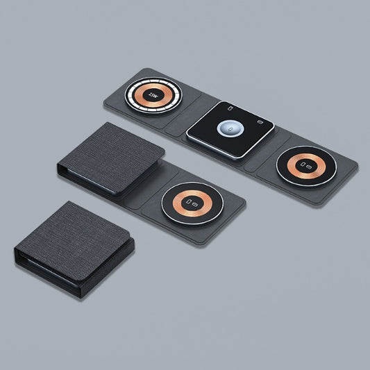3-in-1 Magnetic Wireless Charger for iPhone Apple Watch & AirPods on a grey background.