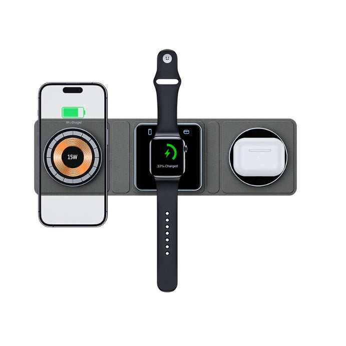3-in-1 Magnetic Wireless Charger for iPhone Apple Watch & AirPods charging multiple devices simultaneously.