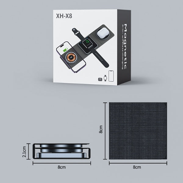 3-in-1 Magnetic Wireless Charger for iPhone Apple Watch & AirPods package showing dimensions and features.