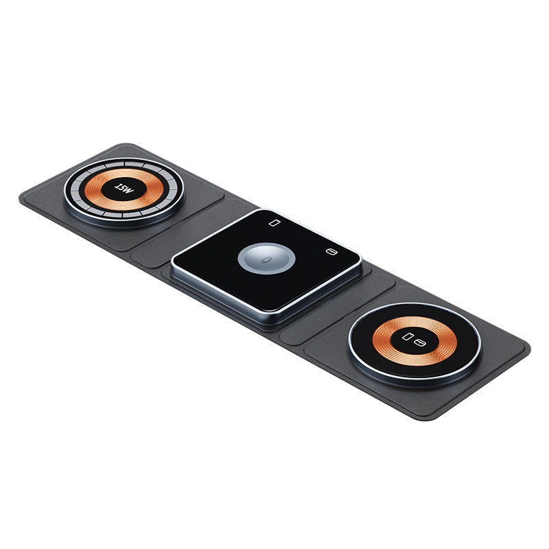 3-in-1 Magnetic Wireless Charger for iPhone Apple Watch & AirPods shown with charging pads and sleek design.
