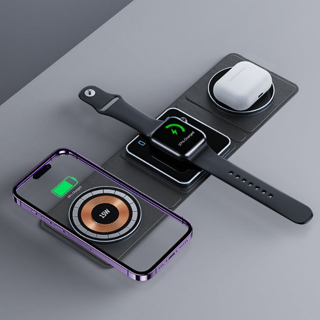 3-in-1 Magnetic Wireless Charger for iPhone Apple Watch & AirPods with iPhone, Apple Watch, and AirPods on charging station.